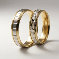 A 5mm gold wedding band with a star cut design in two-tone 9ct, 14ct, and 18ct gold by Majestic Jewellery