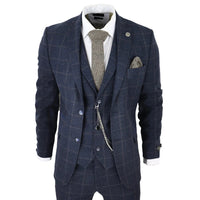 STZ72 - Men's 3 Piece Suit Wool Tweed Navy Blue Brown Check 1920s Gatsby Formal Dress Suits