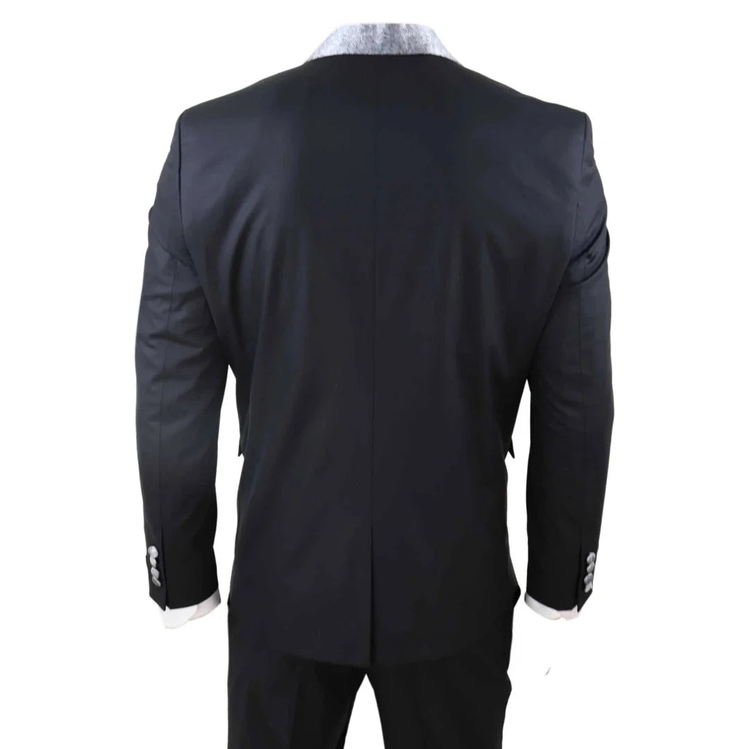 Sal-Yaica - Men's 4 Piece Wedding Suit Groom Shawl Collar Black Silver Cravat