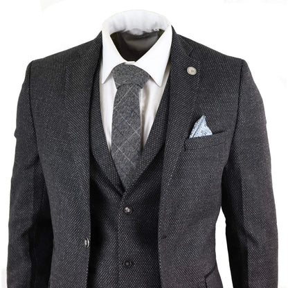STZ14 - Men's Wool 3 Piece Suit Tweed Charcoal Black Classic