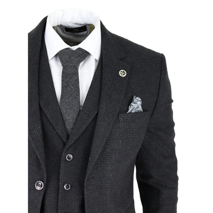 AK-11 - Men's Black Tweed 3 Piece Suit Check 1920s Gatsby Blinders