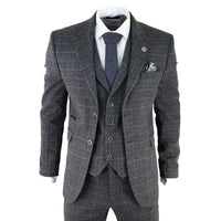 AK-12 - Men's Grey Tweed 3 Piece Suit Blue Check 1920s Gatsby Blinders
