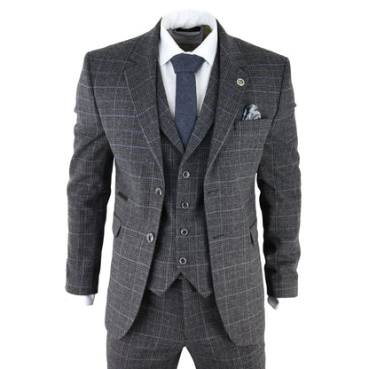 AK-12 - Men's Grey Tweed 3 Piece Suit Blue Check 1920s Gatsby Blinders