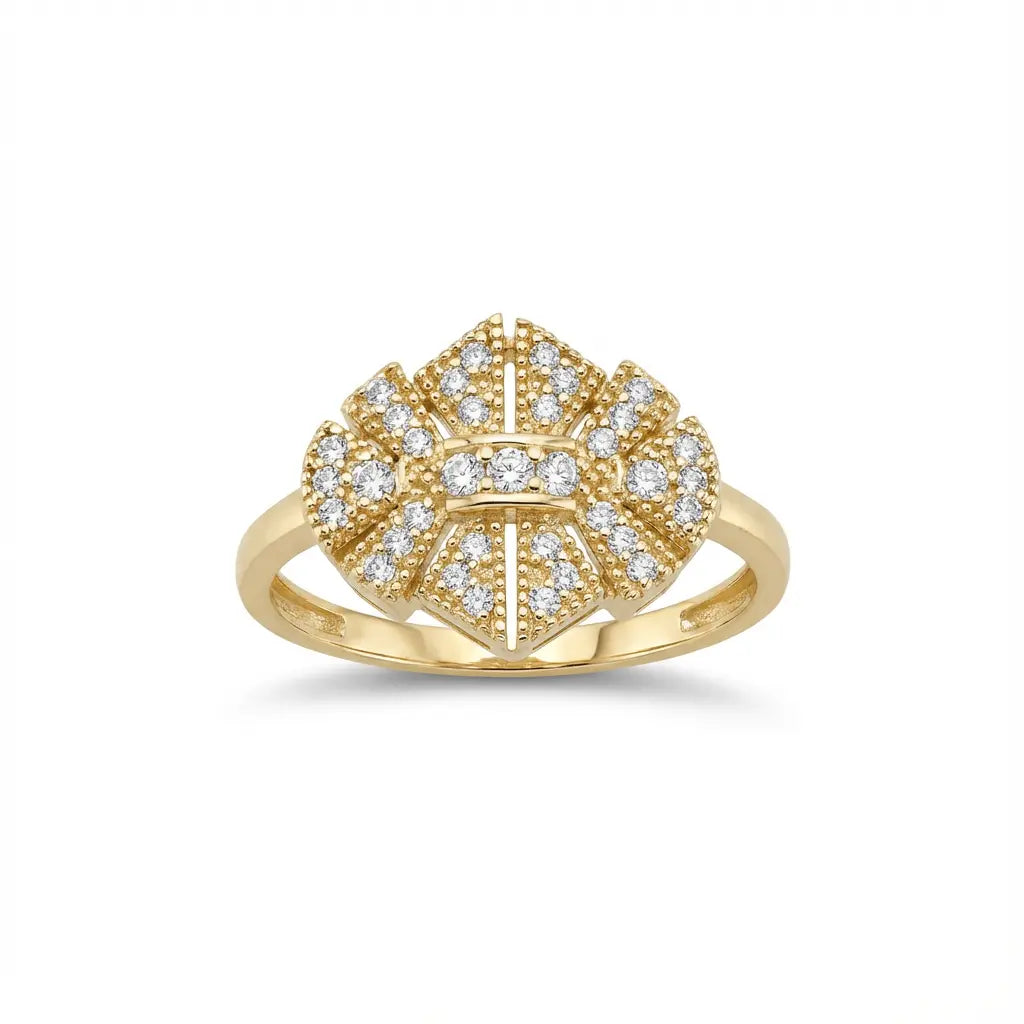 A solid gold ring with radiant brilliance displayed on a black velvet background, highlighting its 14ct gold finish by Majest
