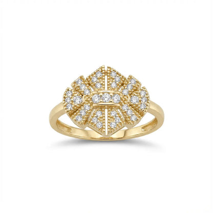 A solid gold ring with radiant brilliance displayed on a black velvet background, highlighting its 14ct gold finish by Majest