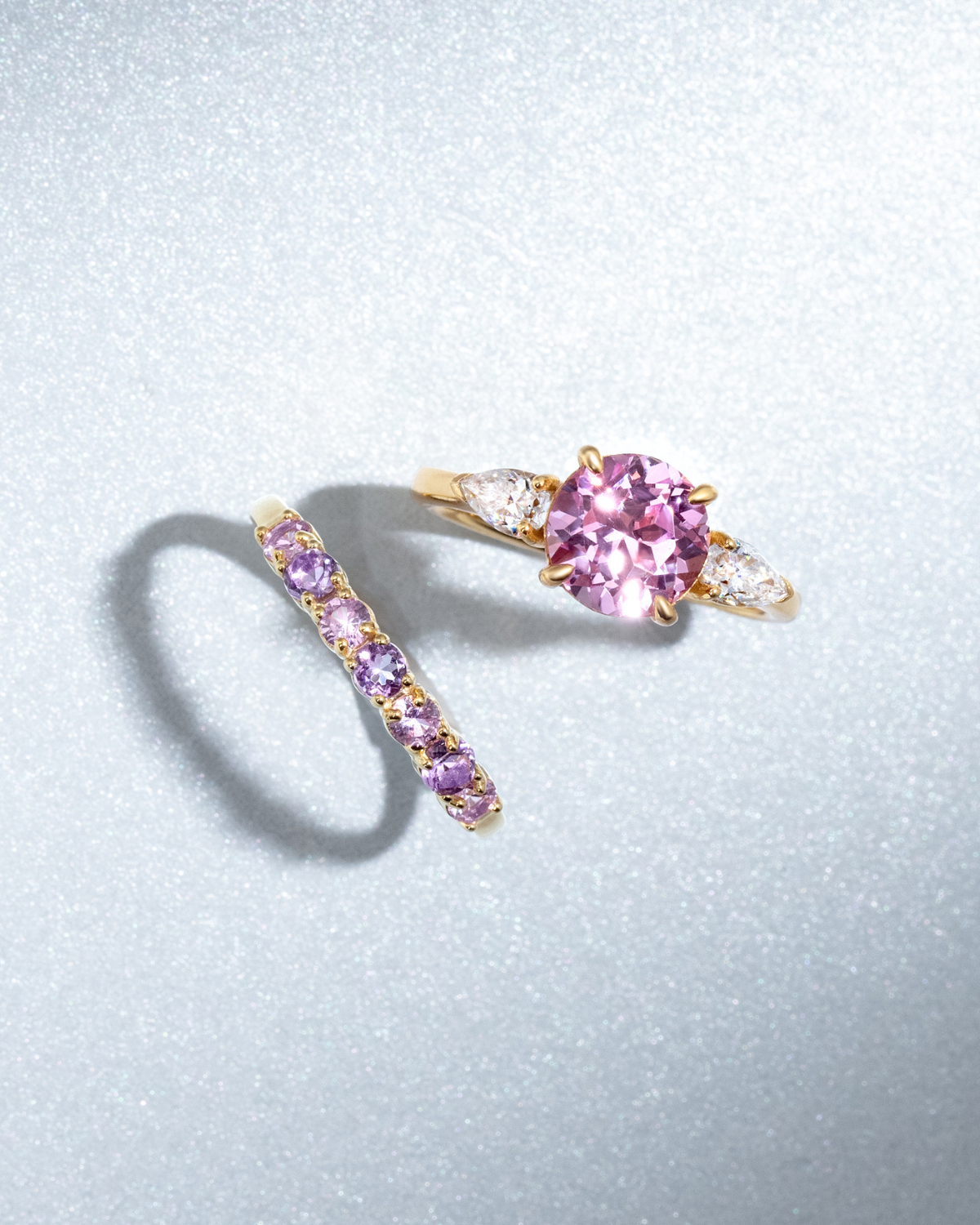 Pink Sapphire Round Cut Three Stone Engagement Ring in 18k Gold Vermeil - SJR London Timepiece