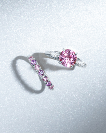 Pink Sapphire Round Cut Three Stone Engagement Ring in Sterling Silver - SJR London Timepiece