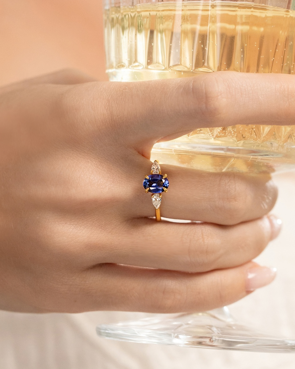 Blue Sapphire Oval Three Stone Engagement Ring in 18k Gold Vermeil - SJR London Timepiece