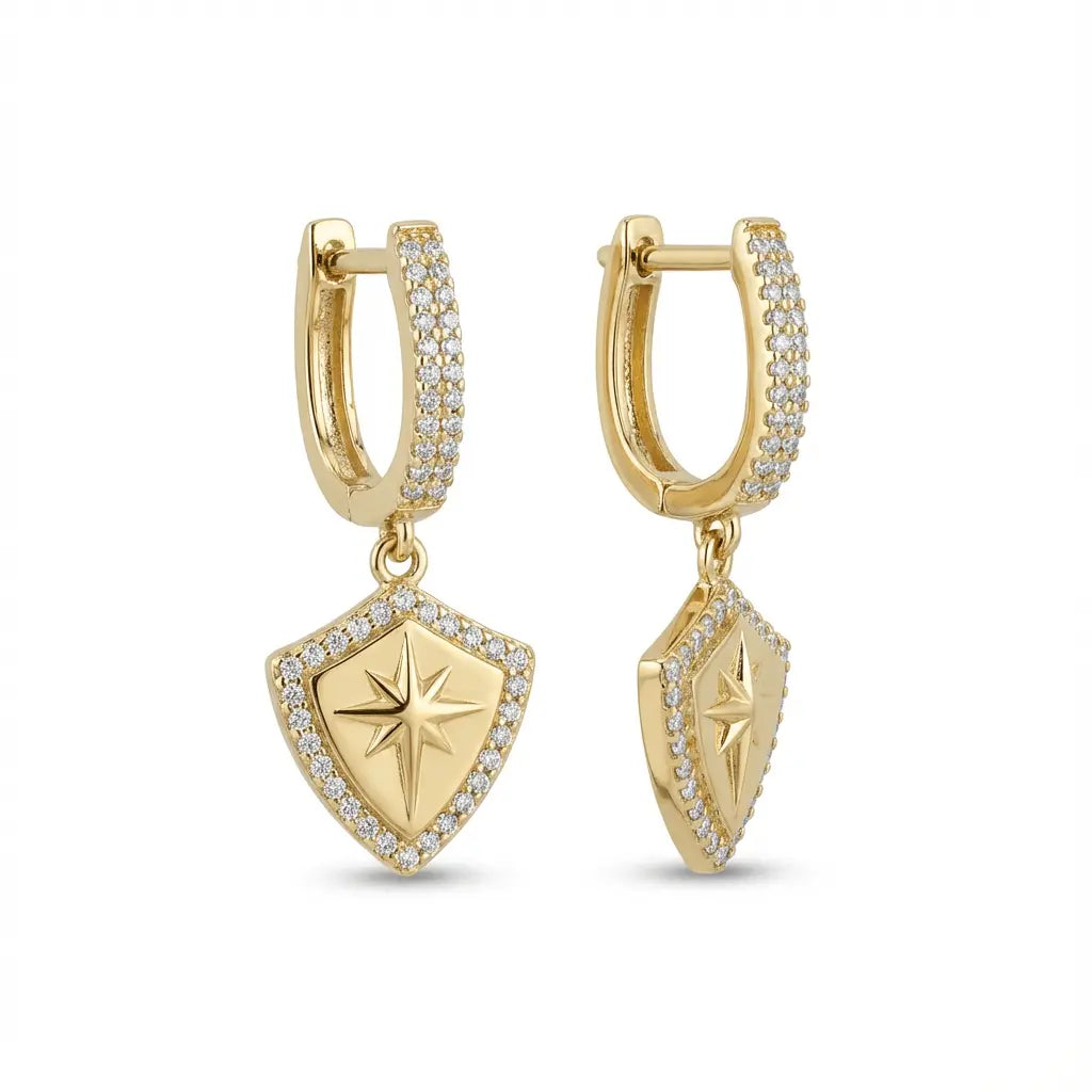Solid Gold Earrings – Radiant Shield Pavé Drop – 14ct Gold Majestic Jewellery