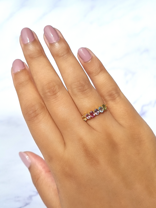 Rainbow Multicoloured Gemstone Half Eternity Ring in 18k Gold Vermeil - SJR London Timepiece