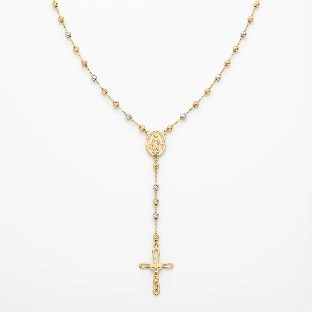A tricolor rosary-style solid gold necklace in 14ct gold by Majestic Jewellery