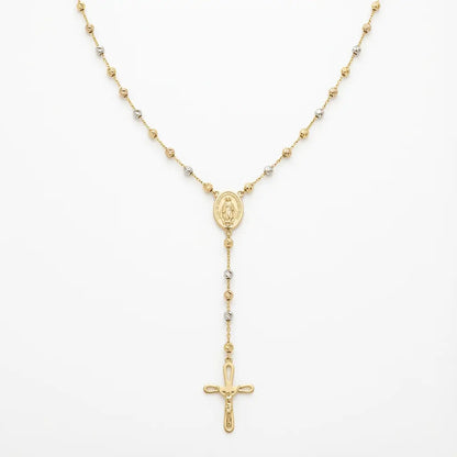 A tricolor rosary-style solid gold necklace in 14ct gold by Majestic Jewellery