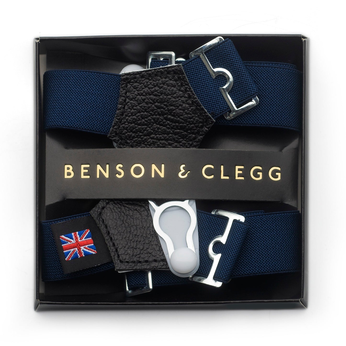 Navy sock suspenders with adjustable straps and branded metal buckles by Benson & Clegg.