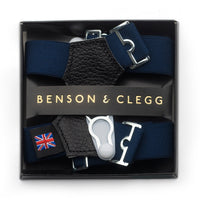 Navy sock suspenders with adjustable straps and branded metal buckles by Benson & Clegg.