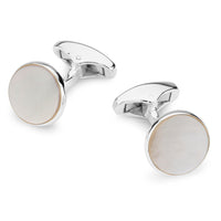 Sterling silver round cufflinks with mother of pearl accents, detailed close-up view by Benson & Clegg.