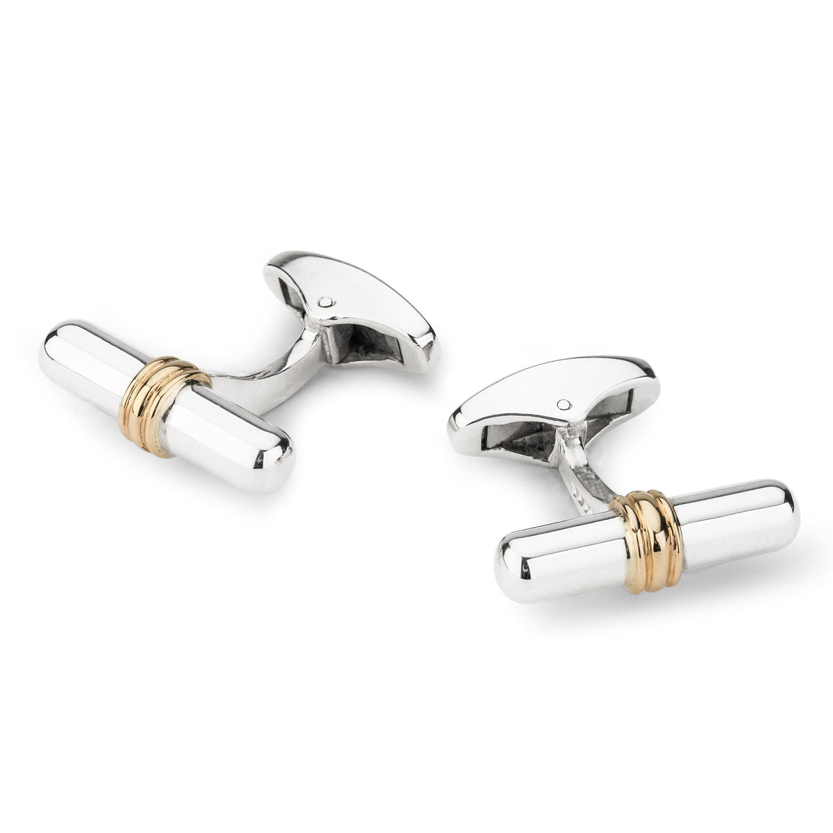 Sterling silver cufflinks with 9ct gold rods, detailed close-up view by Benson & Clegg.
