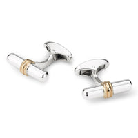 Sterling silver cufflinks with 9ct gold rods, detailed close-up view by Benson & Clegg.