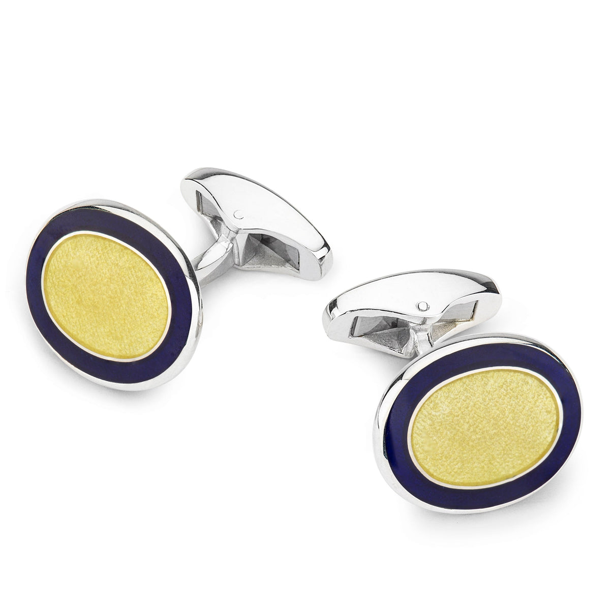 Oval cloisonne sterling silver cufflinks in yellow with detailed enamel design by Benson & Clegg.