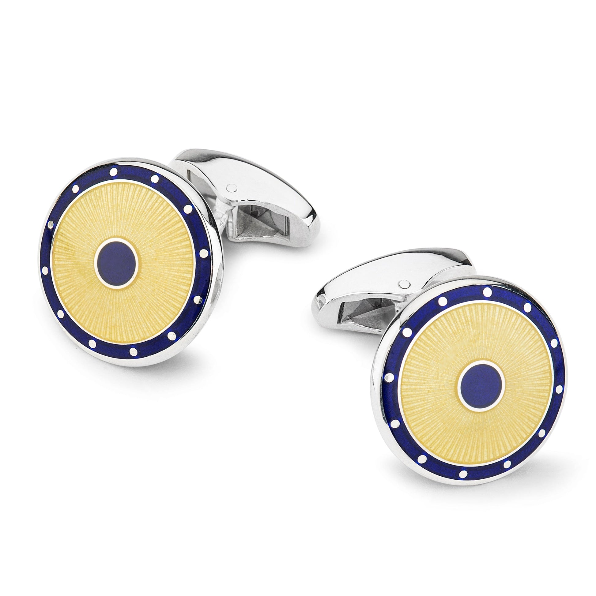 Domed guilloche sterling silver cufflinks in yellow with intricate pattern, featured on a black velvet background by Benson &