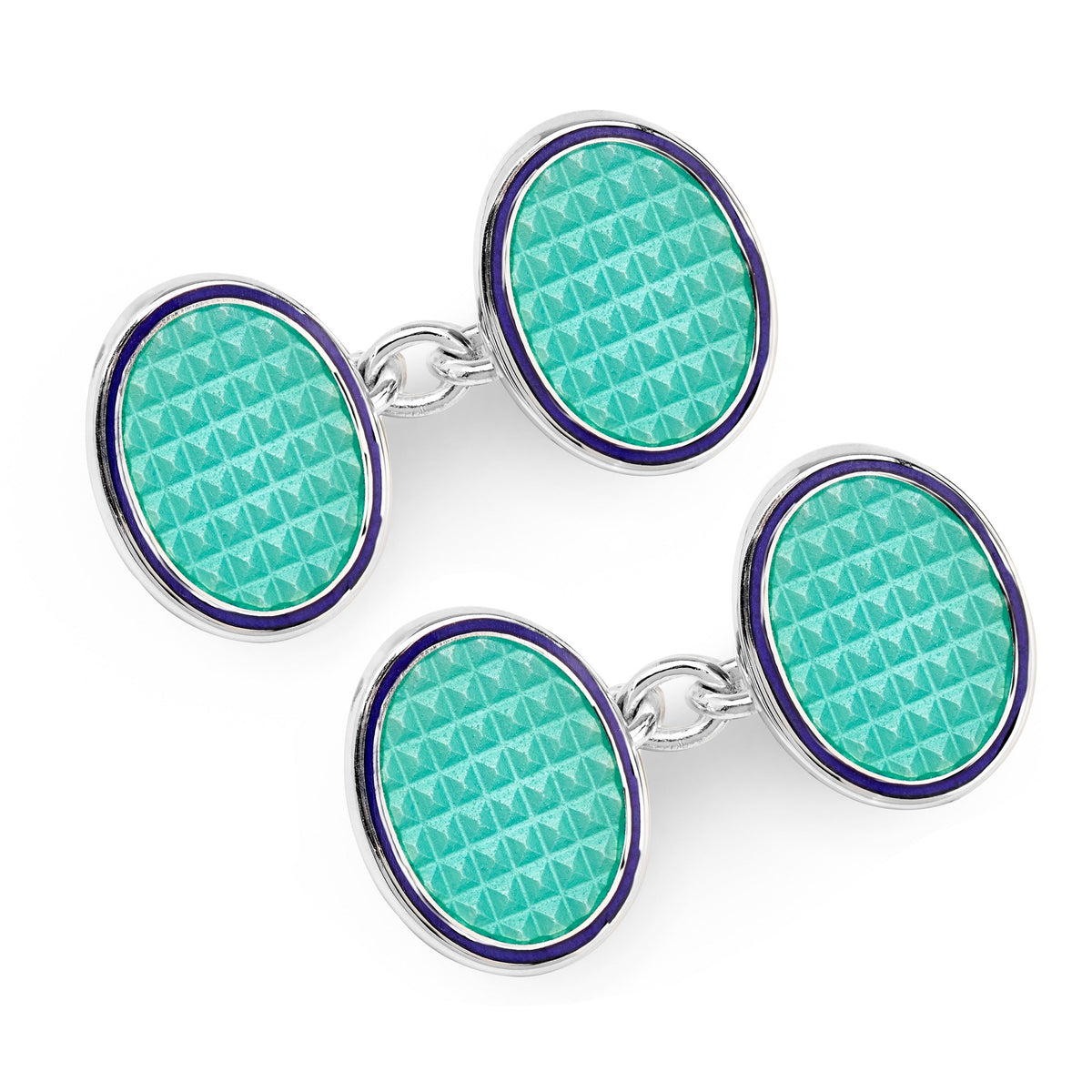 Oval turquoise cloisonne cufflinks on a silver chain by Benson & Clegg.