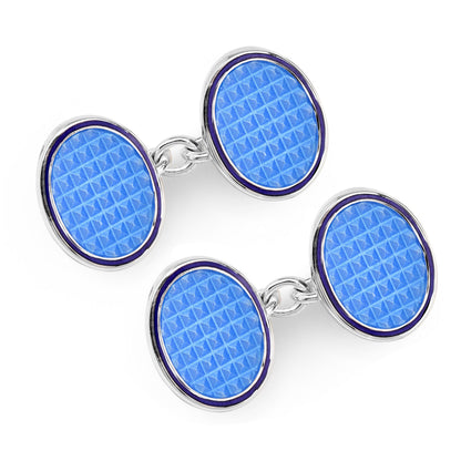 Oval cloisonne sterling silver cufflinks in sky blue with intricate enamel design by Benson & Clegg.