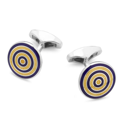 A pair of guilloche roundel sterling silver cufflinks in navy and yellow, featuring intricate engravings, by Benson & Clegg.