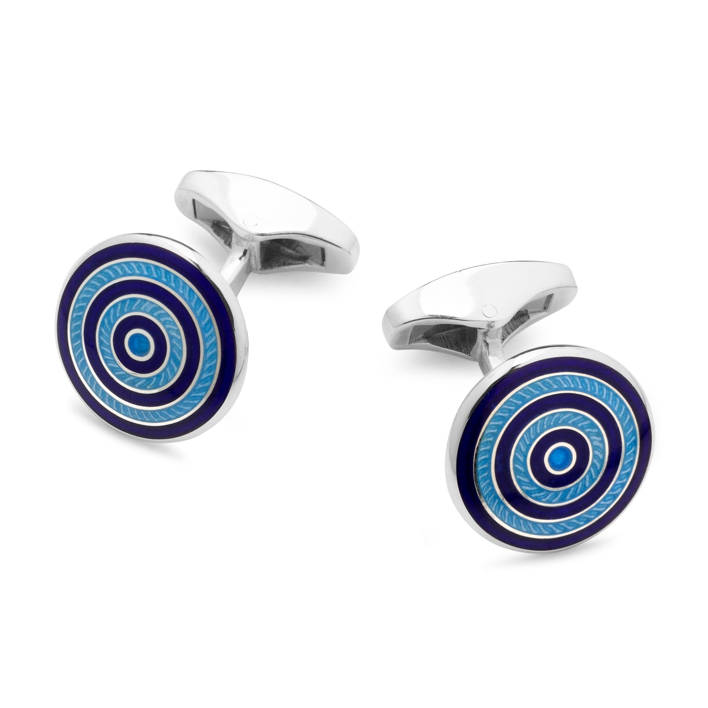 Guilloche Roundel Sterling Silver Cufflinks In Navy & Sky Benson & Clegg