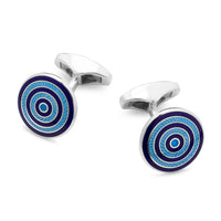 Guilloche Roundel Sterling Silver Cufflinks In Navy & Sky Benson & Clegg