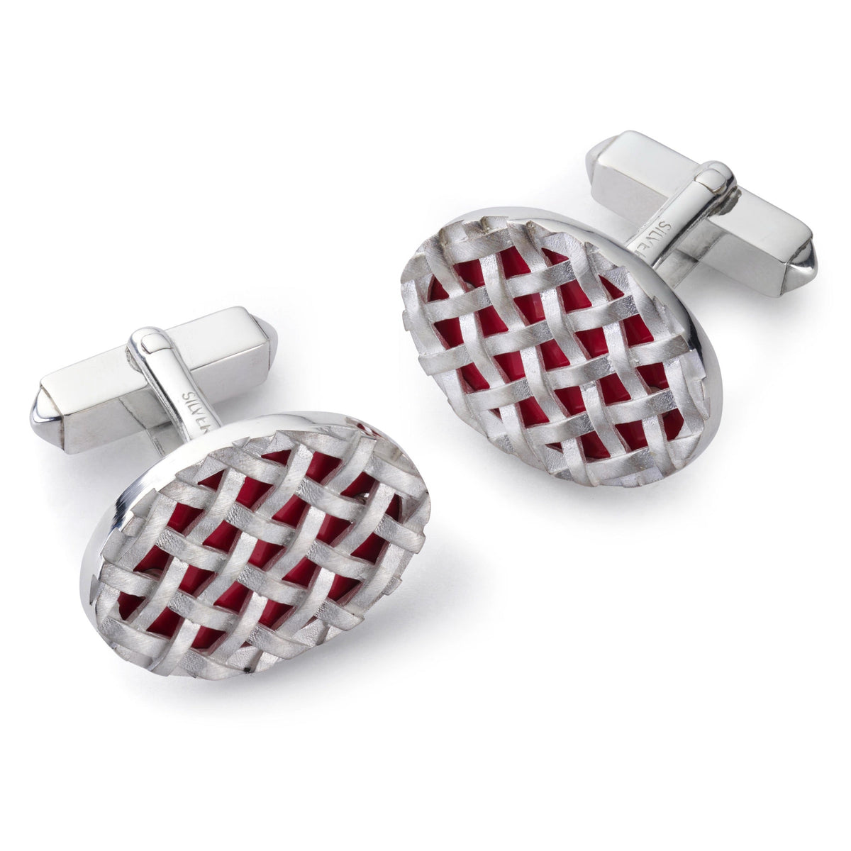 Crossweave Sterling Silver Cufflinks In Red Benson & Clegg