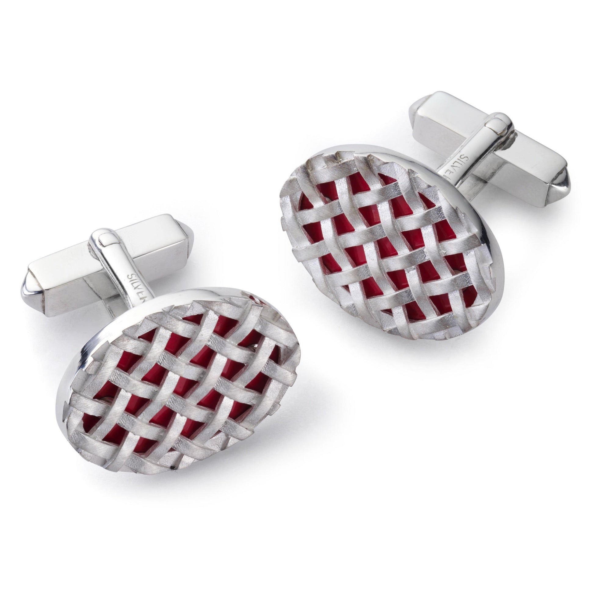 Crossweave Sterling Silver Cufflinks In Red Benson & Clegg