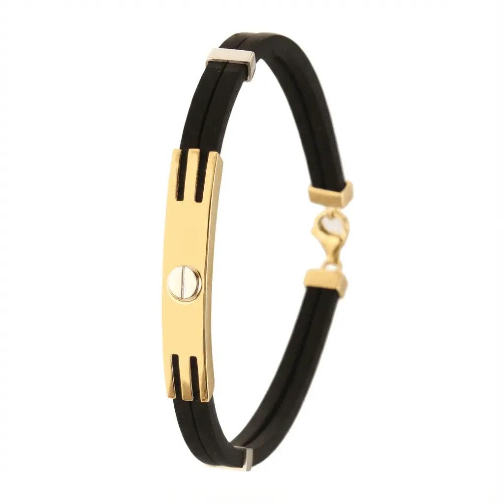 A modern black bracelet with 14ct gold screw details by Majestic Jewellery