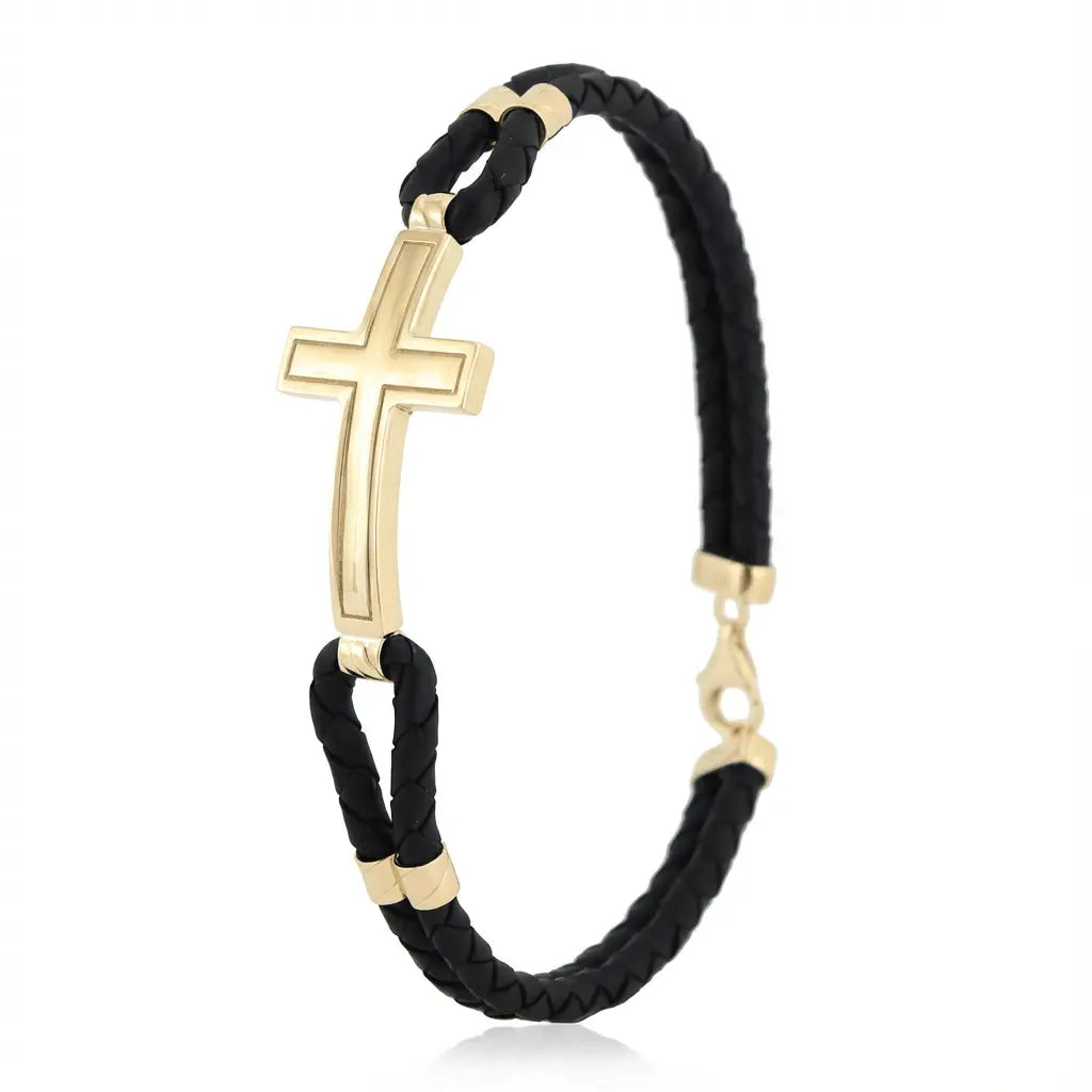 A sleek cross braided bracelet in 14ct gold detail by Majestic Jewellery.