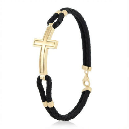 A sleek cross braided bracelet in 14ct gold detail by Majestic Jewellery.