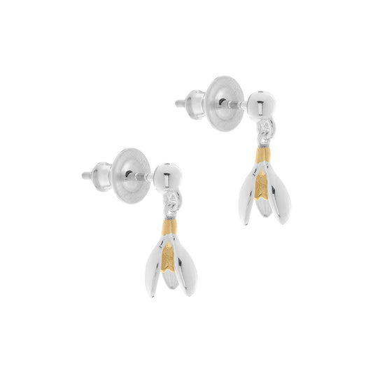 Silver and gold vermeil drop earrings with a delicate snowdrop design by Scarlett Jewellery