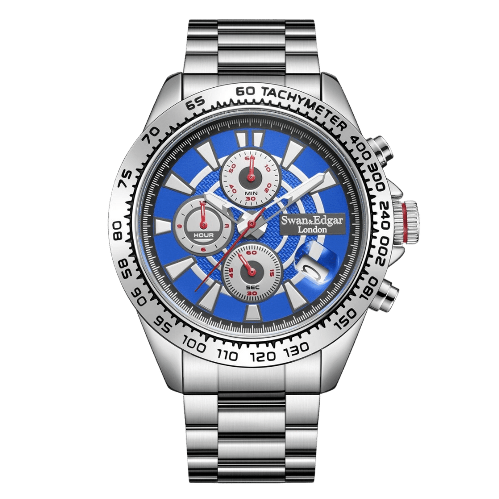 Limited Edition Swan & Edgar Hand Assembled Speed Target Mechanical Quartz Silver Blue - SJR London Timepiece