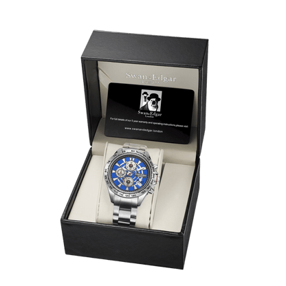 Limited Edition Swan & Edgar Hand Assembled Speed Target Mechanical Quartz Silver Blue - SJR London Timepiece