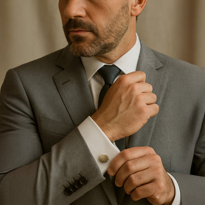 Spiral gold cufflinks with intricate texture, polished finish, and elegant design by Benson & Clegg.