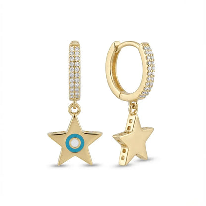 Gold hoop earrings with a star charm and turquoise detail, 14ct gold by Majestic Jewellery.