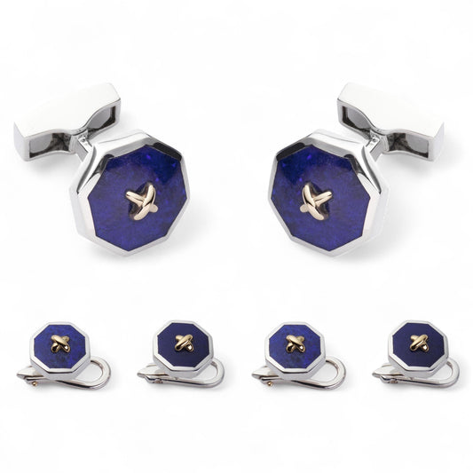 Sterling Silver And Lapis Lazuli With 9ct Gold Stitch Dress Set Benson & Clegg