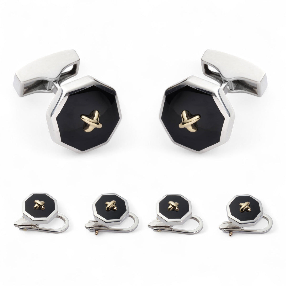 Sterling Silver And Onyx With 9ct Gold Stitch Dress Set Benson & Clegg