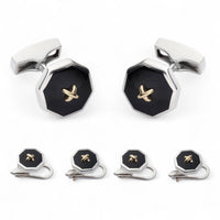 Sterling Silver And Onyx With 9ct Gold Stitch Dress Set Benson & Clegg