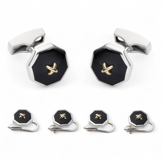 Sterling Silver And Onyx With 9ct Gold Stitch Dress Set Benson & Clegg