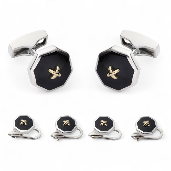 Sterling Silver And Onyx With 9ct Gold Stitch Dress Set Benson & Clegg