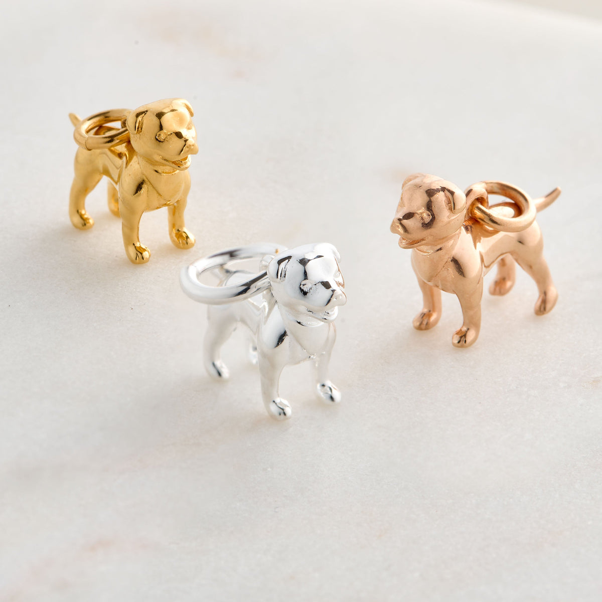 Silver Staffordshire Bull Terrier dog charm displayed on a silver chain by Scarlett Jewellery.