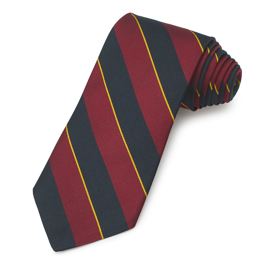 A three-fold silk reppe tie in deep navy blue with a subtle pattern, displayed flat on a white background, by Benson & Clegg.