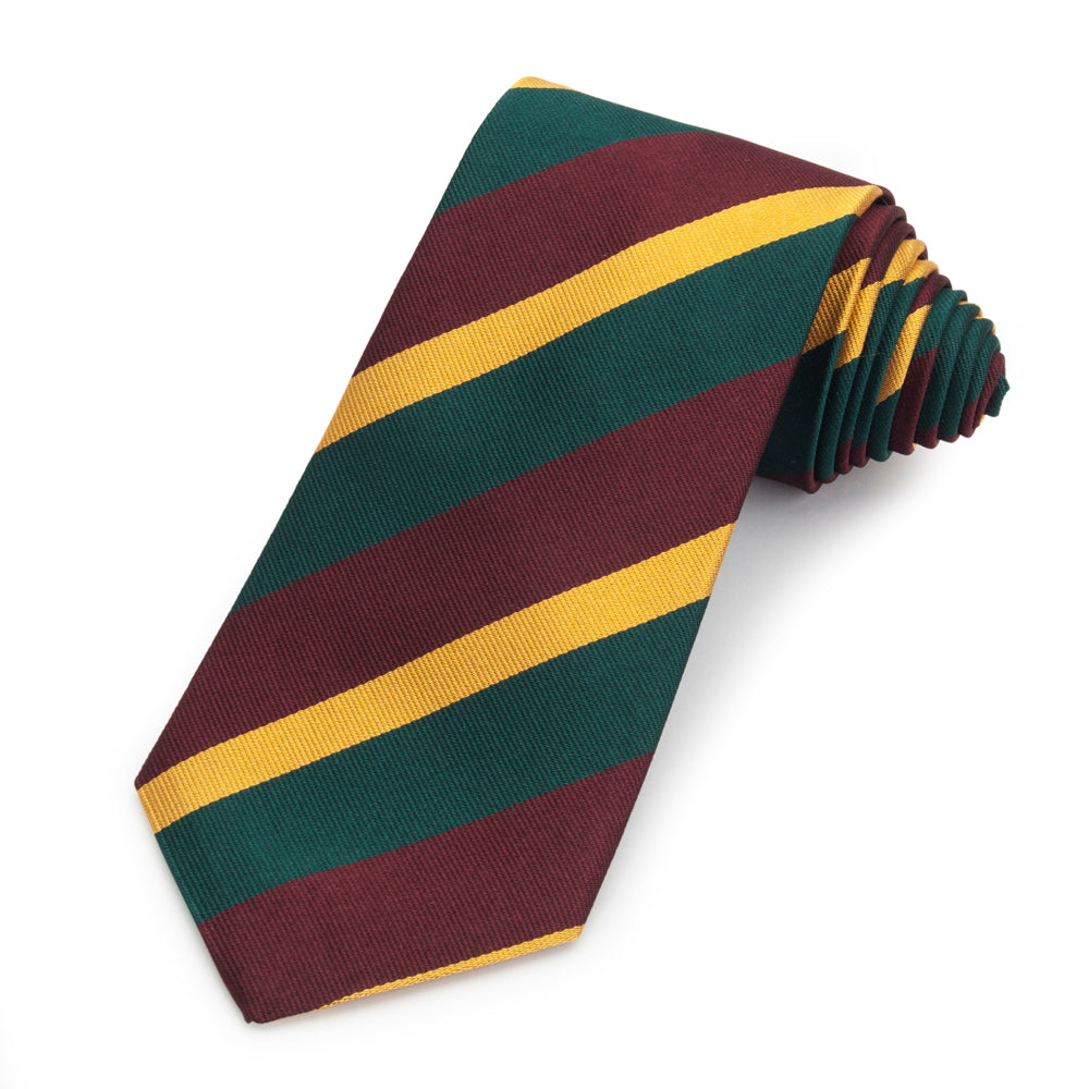 A three-fold silk reppe tie in deep navy blue with gold trim, displayed flat on a white background, by Benson & Clegg.