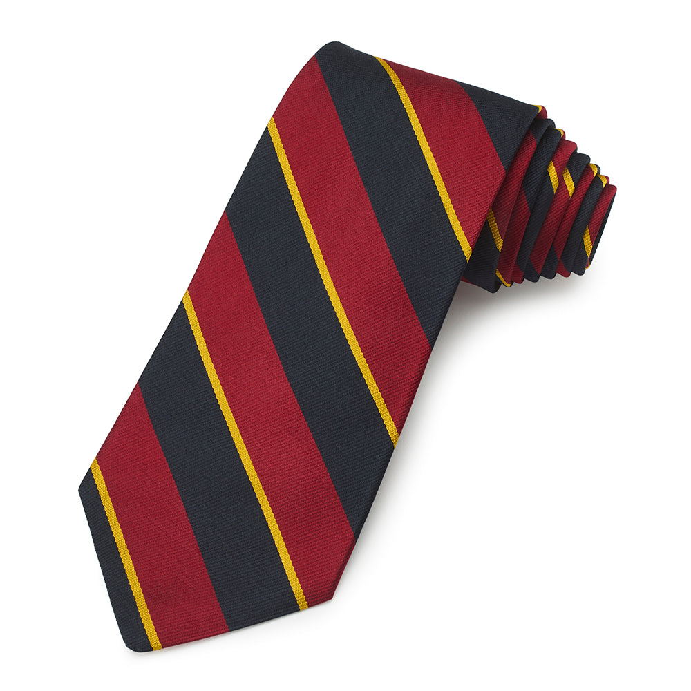 A three-fold silk reppe tie in deep navy blue with gold trim, displayed flat on a white background, featuring the 16th/5th Th