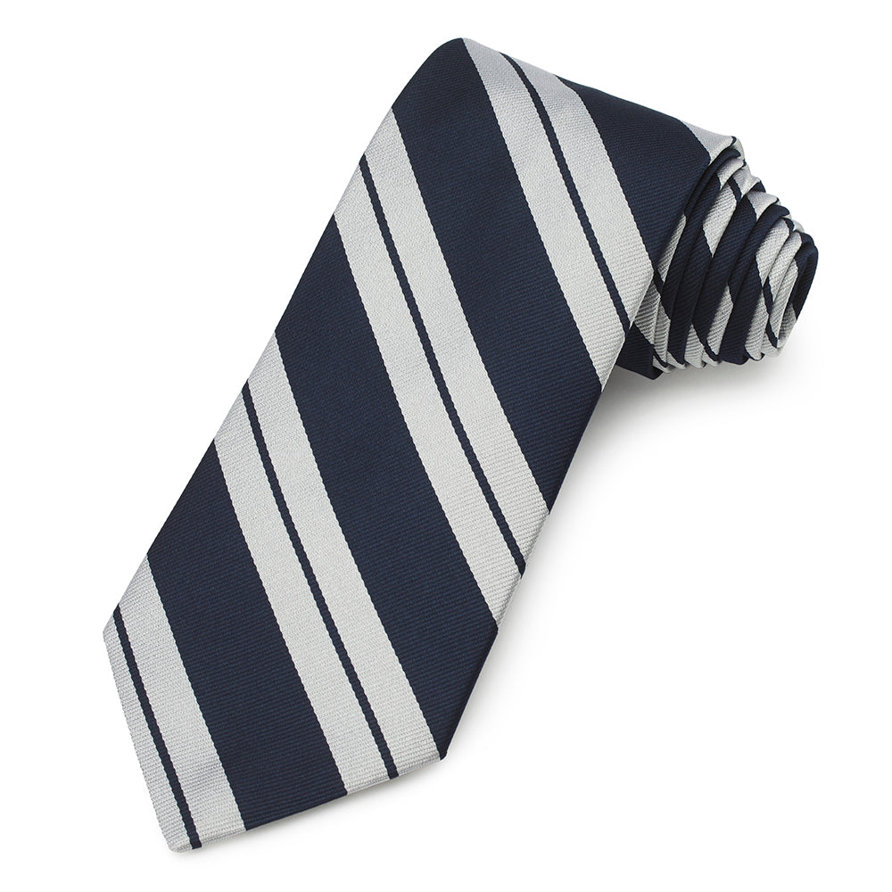 A three-fold silk reppe tie in navy blue with a subtle pattern, displayed flat on a white background, by Benson & Clegg.