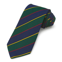 A three-fold silk reppe tie in deep green with gold trim, displayed flat on a neutral background, by Benson & Clegg.