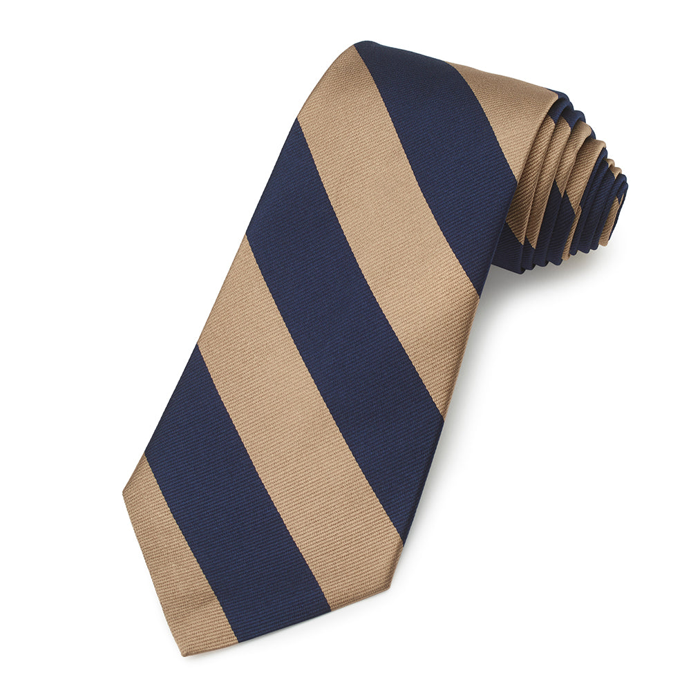 A three-fold silk reppe tie in navy blue with a royal east kent regiment pattern, displayed on a white background by Benson &